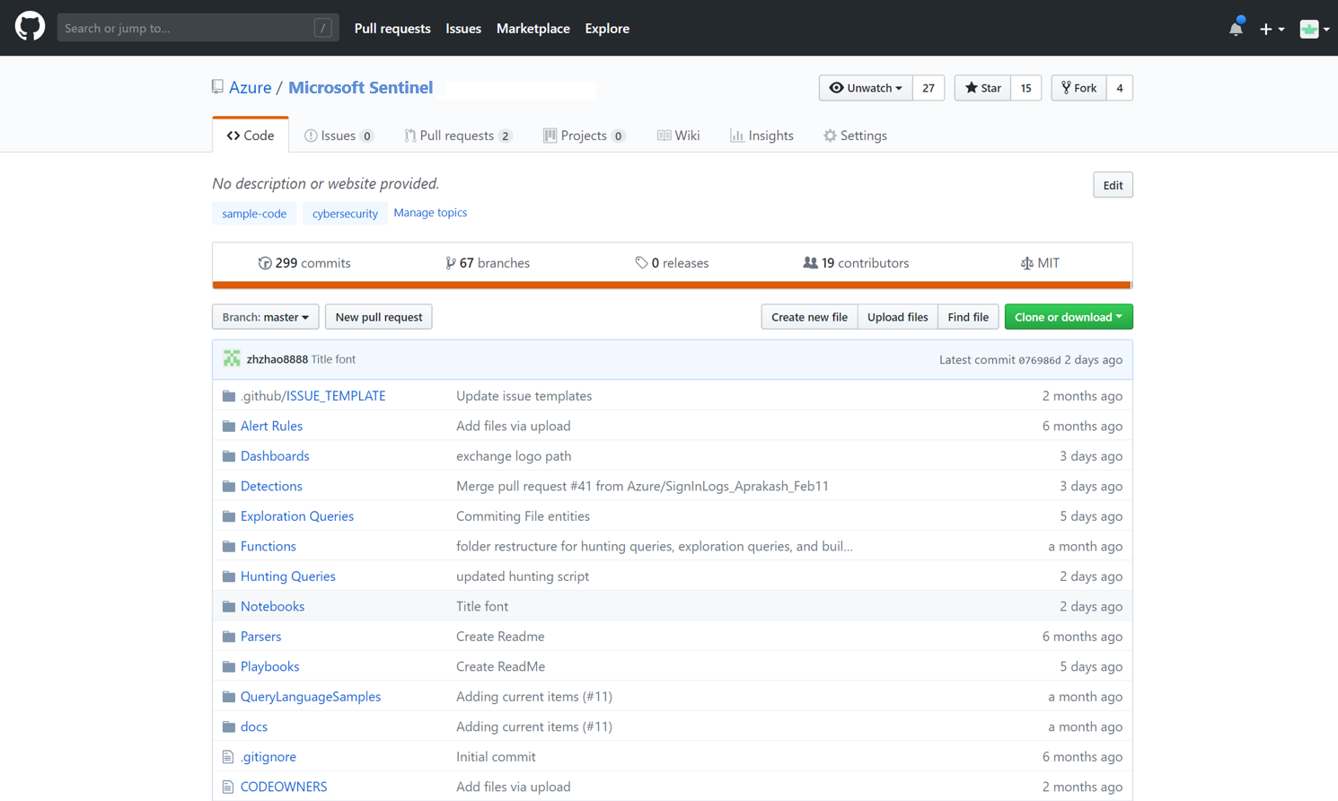 Снимок экрана: репозиторий GitHub для Microsoft Sentinel с загружаемым содержимым, таким как поисковые запросы, средства синтаксического анализа и сборники схем. 