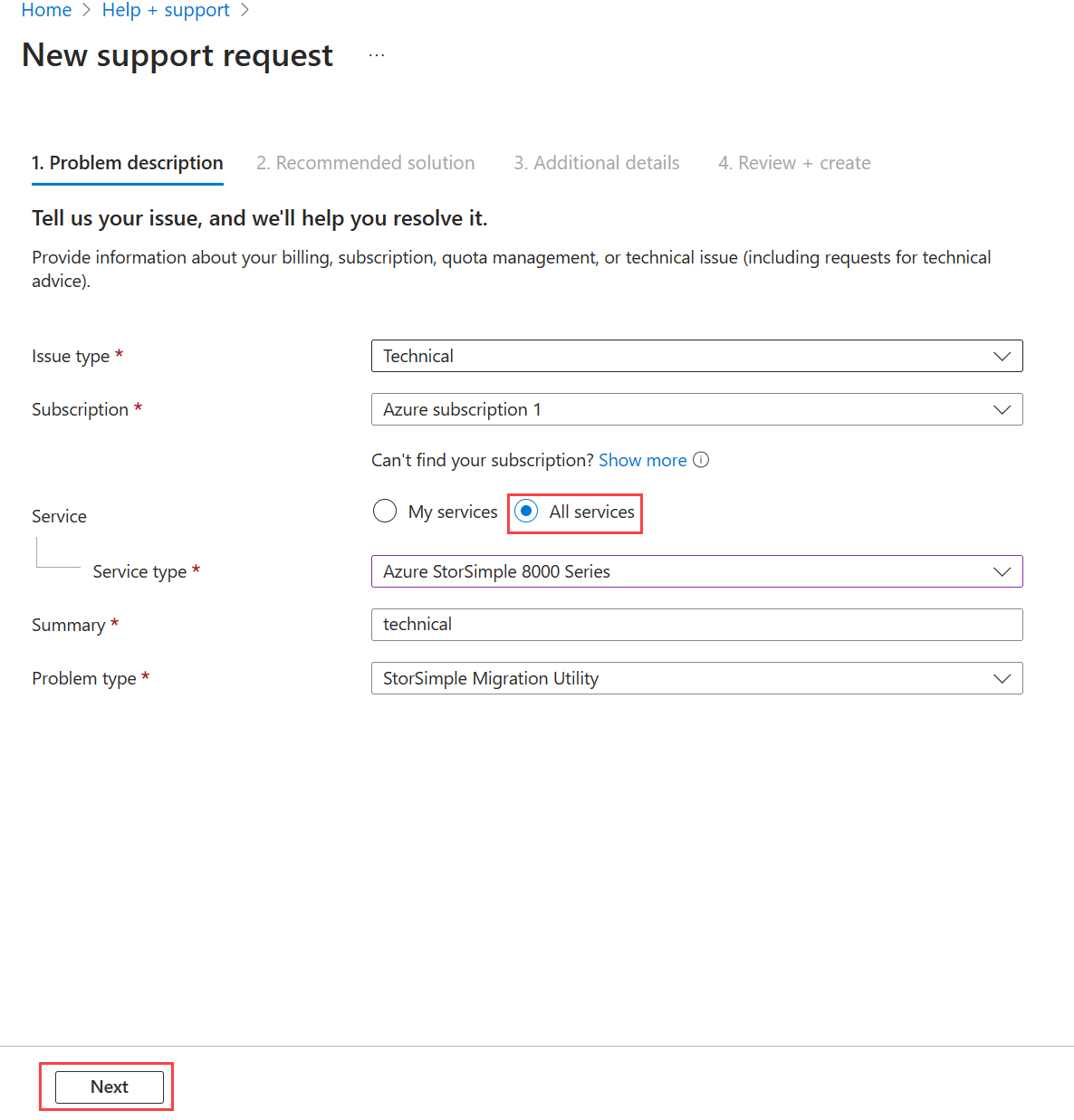 Screenshot of the Help and Support page in Azure portal.