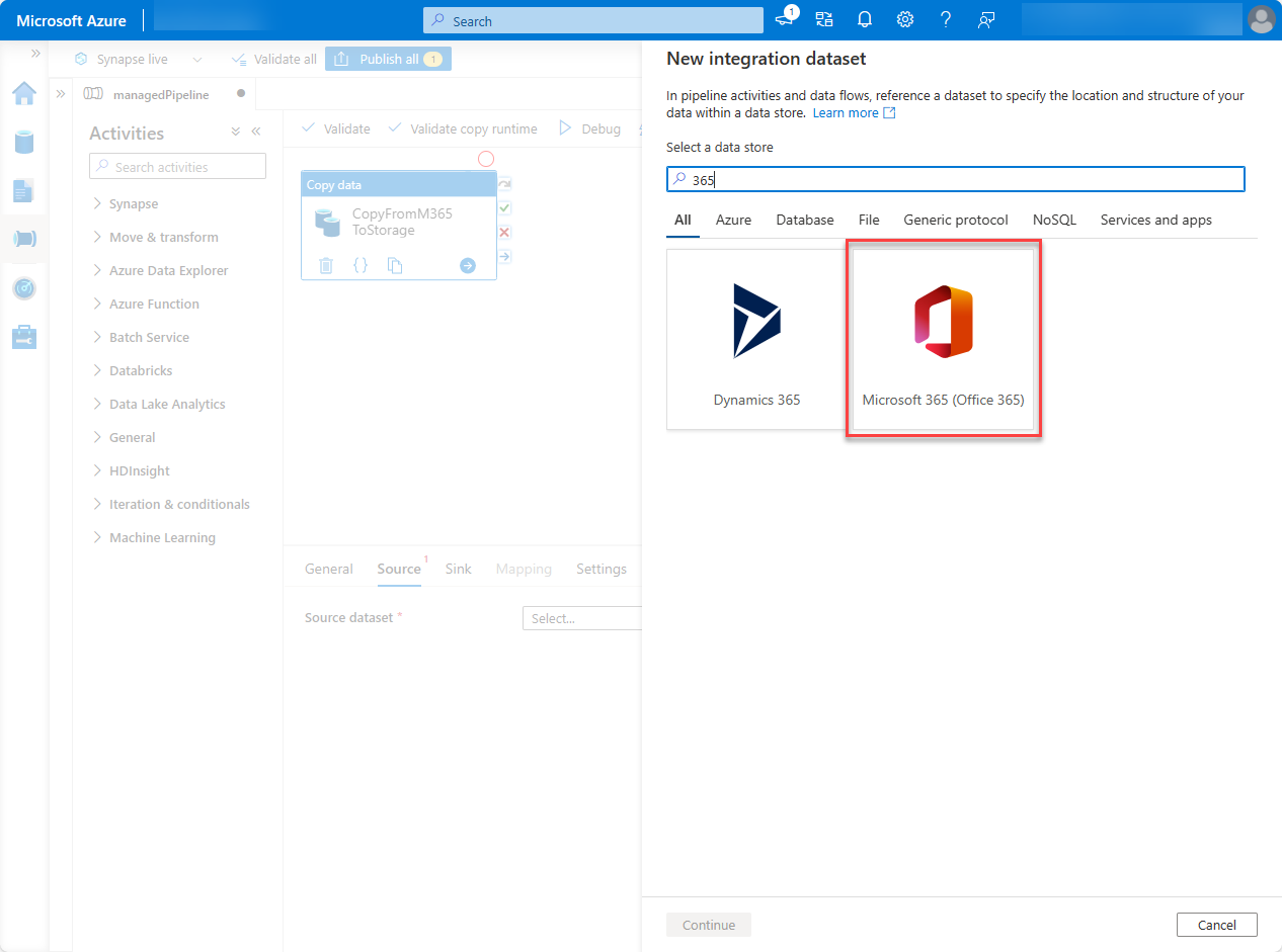 Снимок экрана: страница службы фабрики данных портал Azure с выделенным элементом Microsoft 365 (Office 365) и 