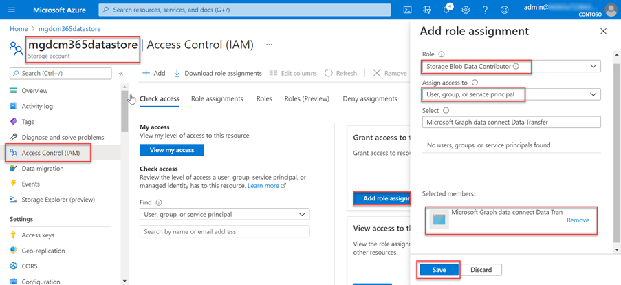 Снимок экрана: правильное назначение роли приложению для Microsoft Graph Data Connect в учетной записи хранения Azure в портал Azure.
