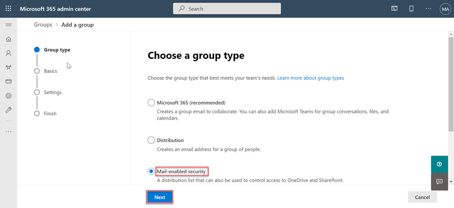 Снимок экрана: пользователь, который выбирает безопасность с поддержкой почты для новой группы в Центр администрирования Microsoft 365.