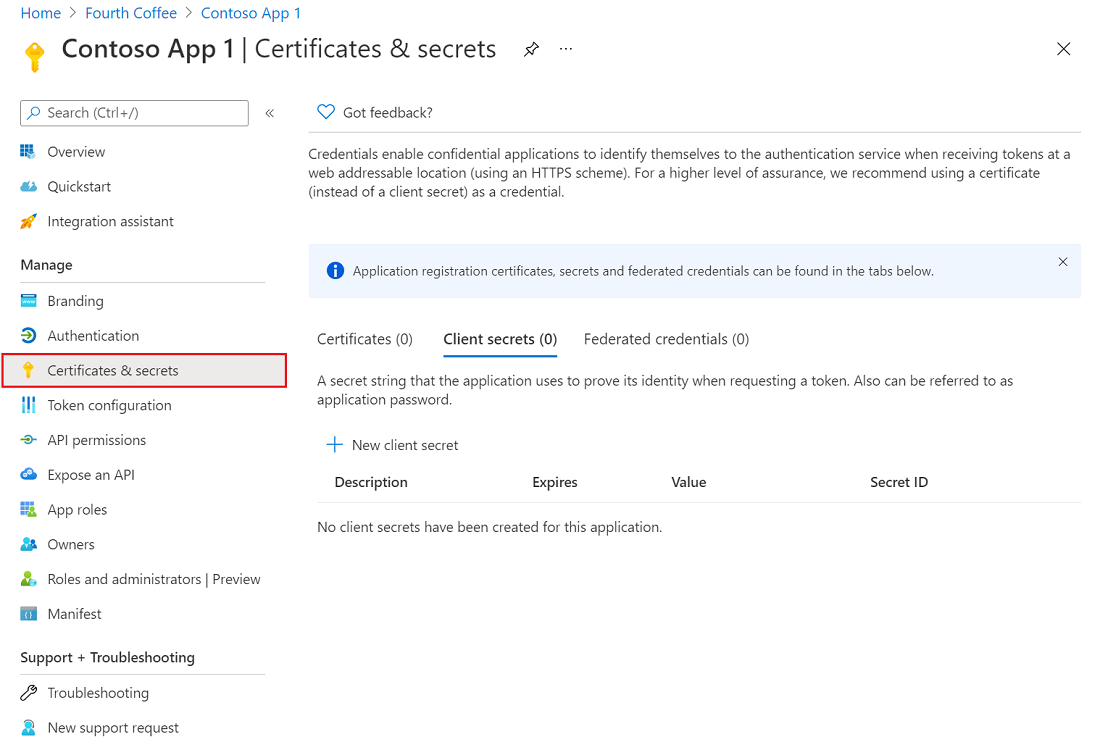 Снимок экрана: Центр администрирования Microsoft Entra с областью Сертификаты и секреты в регистрации приложения.