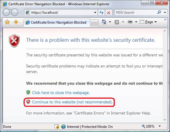 Снимок экрана: Internet Explorer с ошибкой сертификата безопасности. Перейти на этот веб-сайт (не рекомендуется) подчеркивается.
