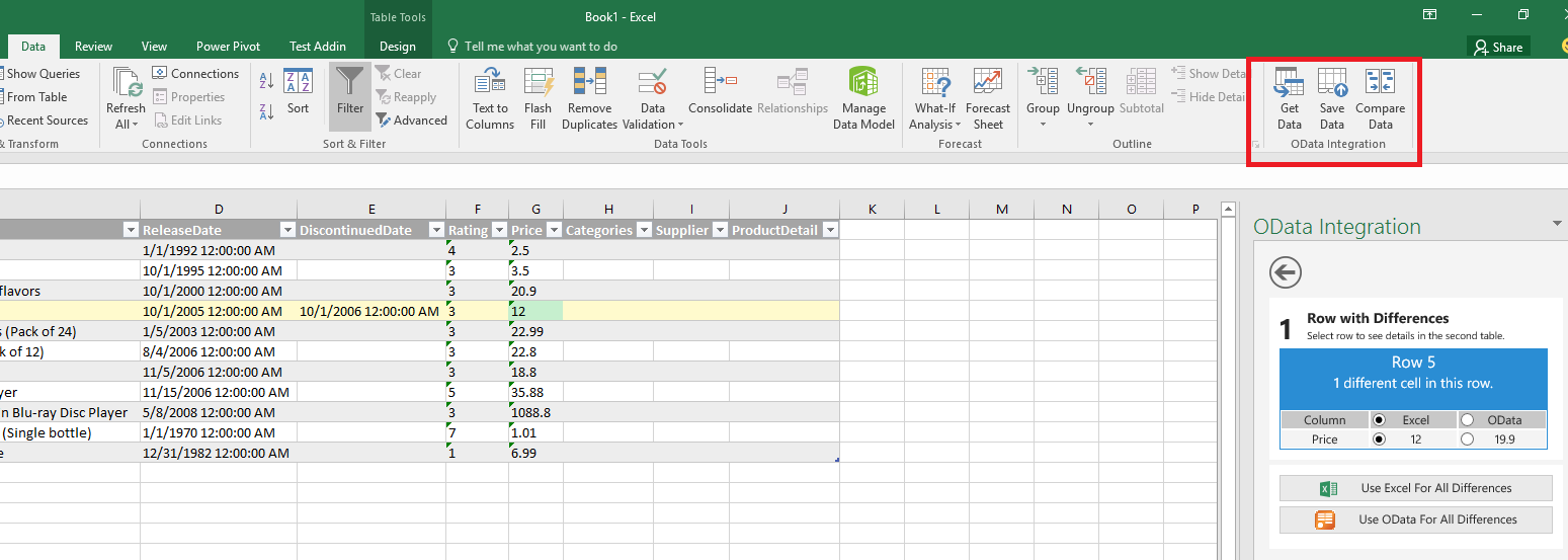 Снимок экрана с командами надстройки в Excel.