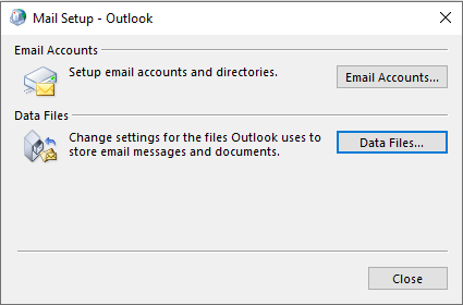 Снимок экрана диалогового окна Настройка почты - Outlook. Выделена кнопка Файлы данных.