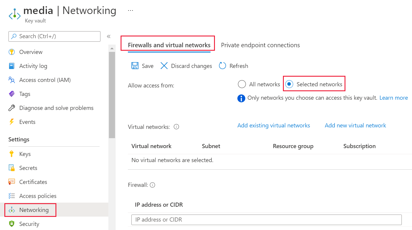 Screenshot of the Azure Key Vault networking option, with the firewalls and virtual networks option selected.