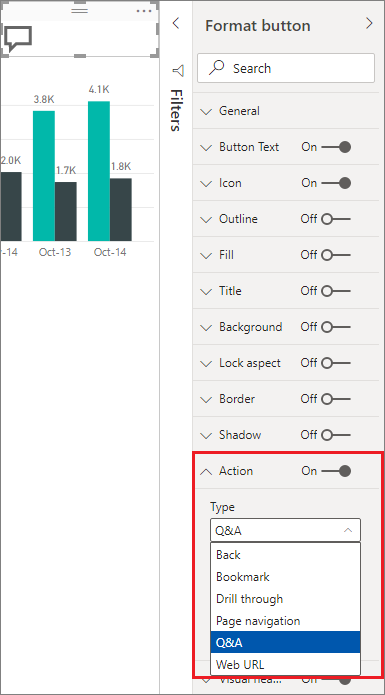 Screenshot showing Action selections for a button in Power BI.