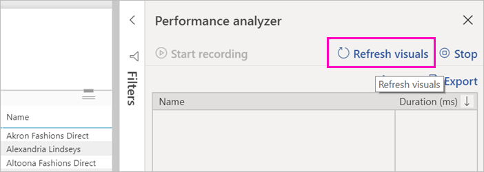 Screenshot of the Refresh visuals button in the Performance Analyzer.
