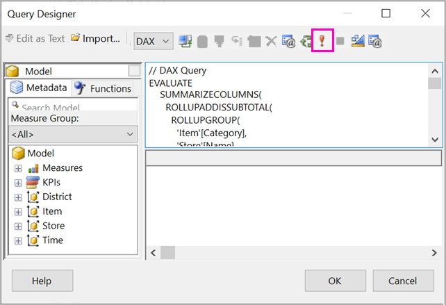 Screenshot of the Execute query button in the Query Designer.