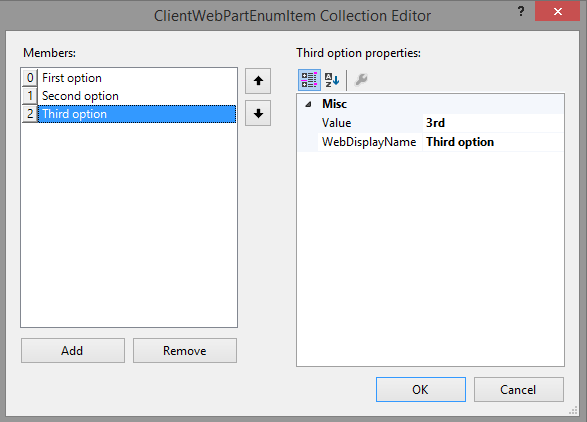 Редактор коллекции ClientWebPartEnumItem с 3 элементами, каждый из которых имеет атрибуты Value и WebDisplayName.