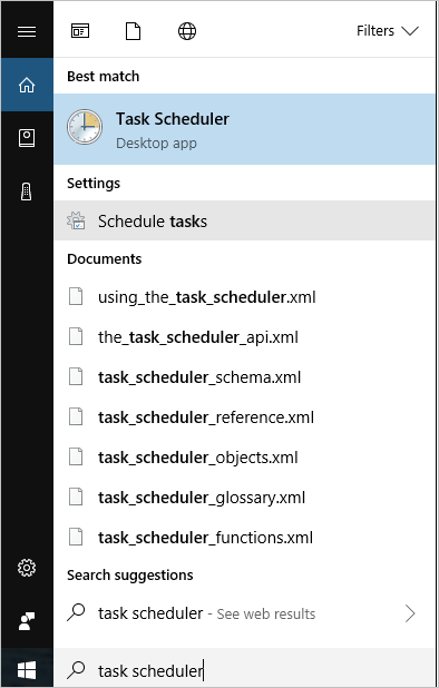 Снимок экрана с параметром приложения для настольных систем «Планировщик заданий» в панели поиска меню «Пуск».