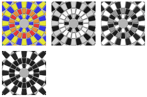 Иллюстрация, показывающая четыре версии одного изображения: сначала в цвете, а затем в трех разных узорах оттенков серого