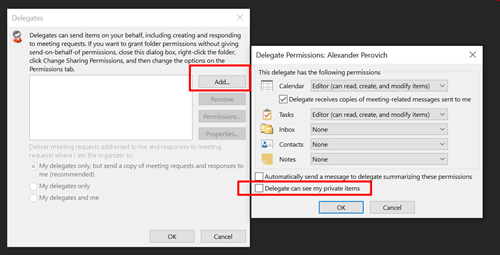 Делегат может просмотреть параметр мои личные элементы в Outlook.