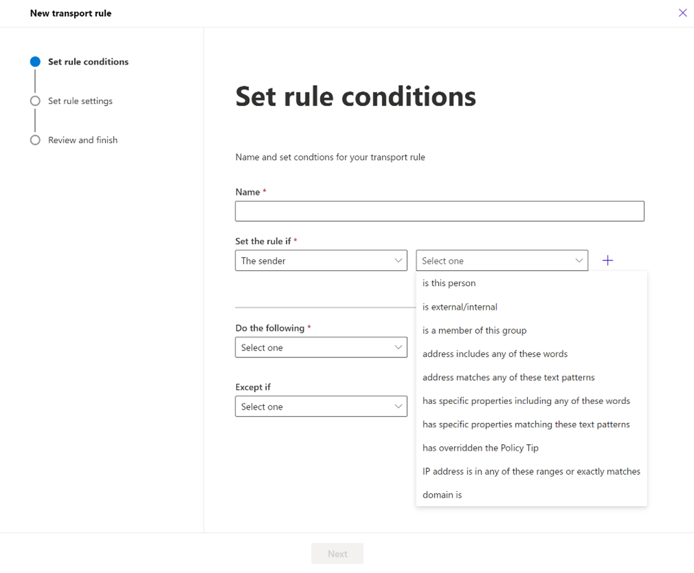Снимок экрана, на котором показана страница Задания условий правила.