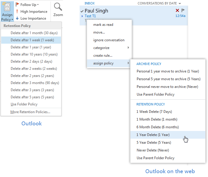 Removing day. Retention Policy Exchange 2013 owa. Retention Policy. Outlook web Run Rule in folder. Retention Policies (personal tags) in owa settings.