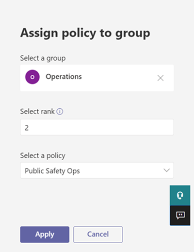 Снимок экрана: назначение политики группе в Центре администрирования Teams.