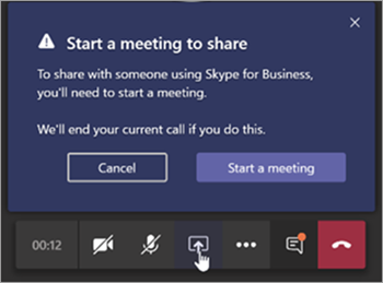 Снимок экрана: Teams, чтобы поделиться собранием с Skype для бизнеса пользователем.