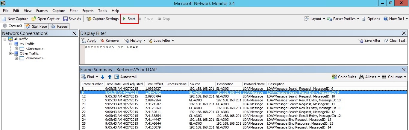 Screenshot of the Microsoft Network Monitor dialog with the Start button showing.