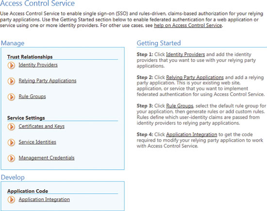 image: The Windows Azure AppFabric Access Control Service Management Portal