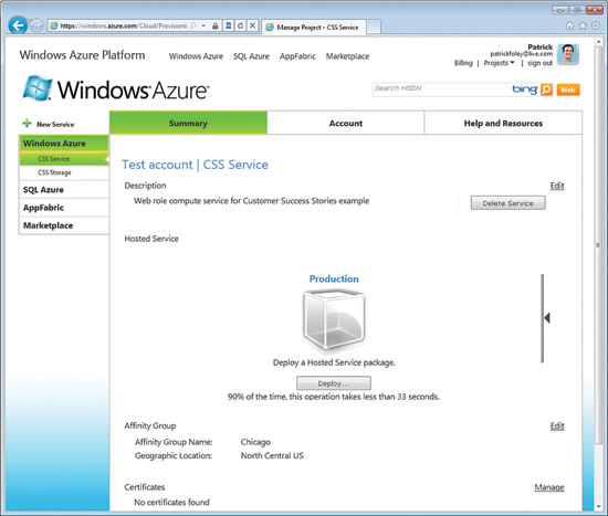 image: Creating Services in the Windows Azure Portal