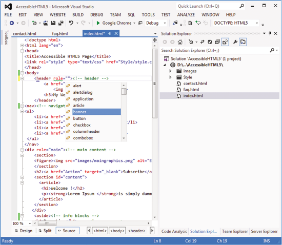 IntelliSense поддерживает ARIA-роли в Visual Studio 2012