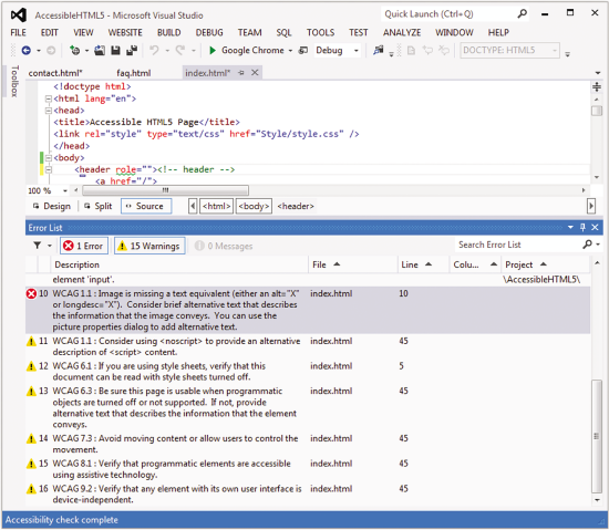 Отчет по Web Content Accessibility в Visual Studio 2012