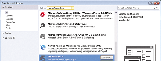 Окно Extensions and Updates, в котором показывается StartNotepad