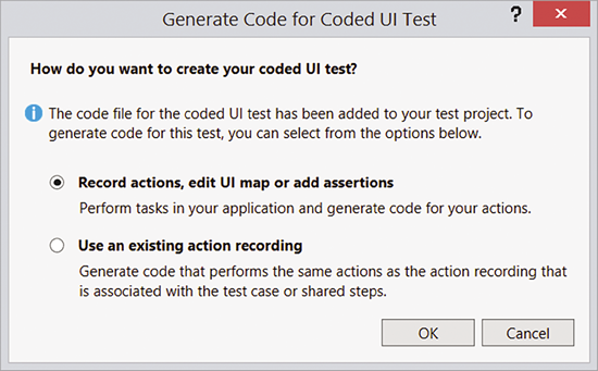 Диалог, выводимый Visual Studio для записи или редактирования кодированных тестов UI (CUIT)