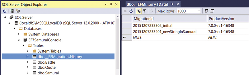Выбор dbo_EFMigrationsHistory отображает миграции, добавленные в таблицу
