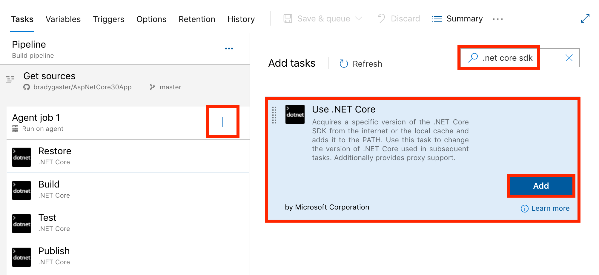 Добавление шага для использования пакета SDK .NET Core