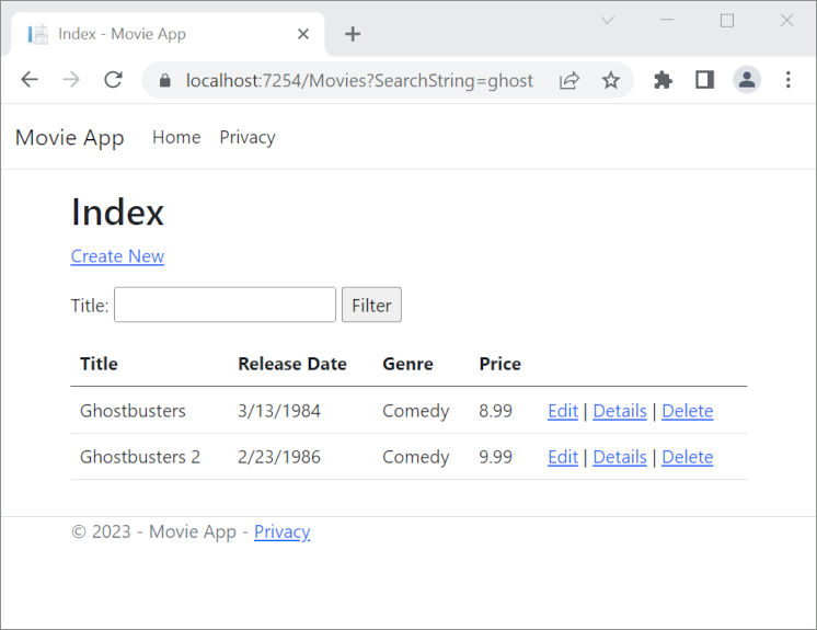 Окно браузера с фрагментом searchString=ghost в URL-адресе, которое возвращает фильмы Ghostbusters и Ghostbusters 2, с текстом ghost в названии