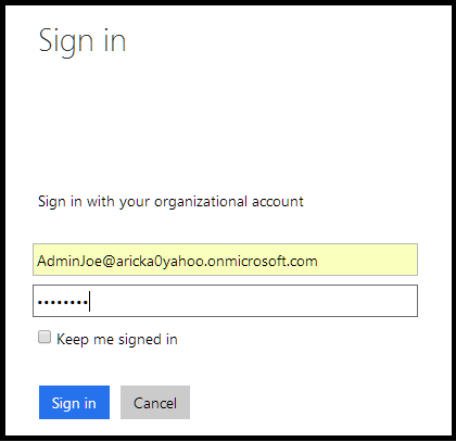 Снимок экрана: диалоговое окно входа с полями имени пользователя и пароля учетной записи организации.
