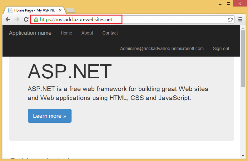 Снимок экрана: сайт S P dot NET, где в адресной строке отображается только что опубликованный веб-сайт в Azure.