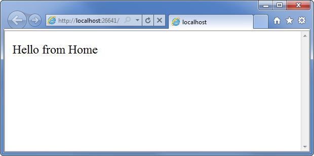 Снимок экрана: окно браузера, которое было автоматически запущено при запуске сервера разработки в localhost. В окне отображаются слова hello from home (Hello from home) в браузере.