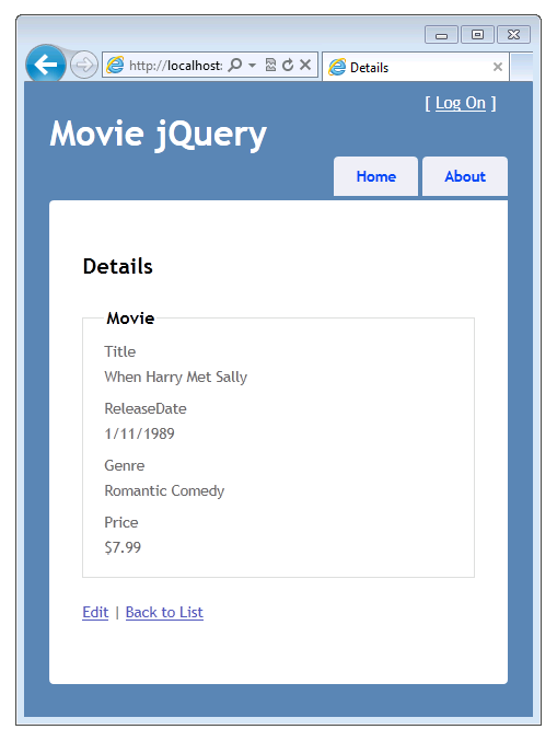 Снимок экрана: окно Movie jQuery с представлением 