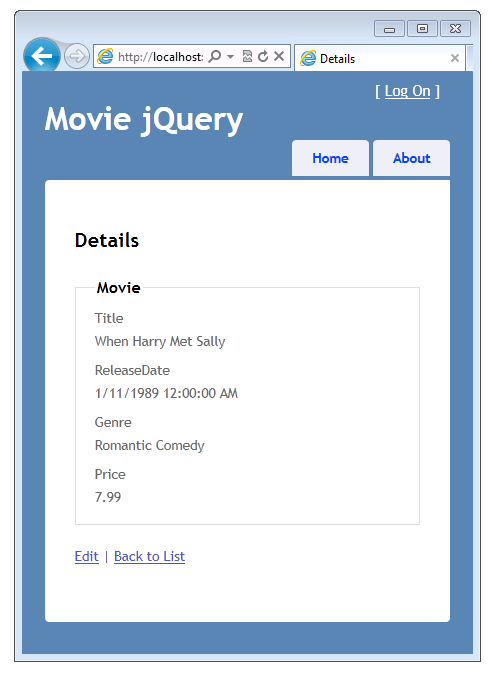 Снимок экрана: окно Movie jQuery с представлением 