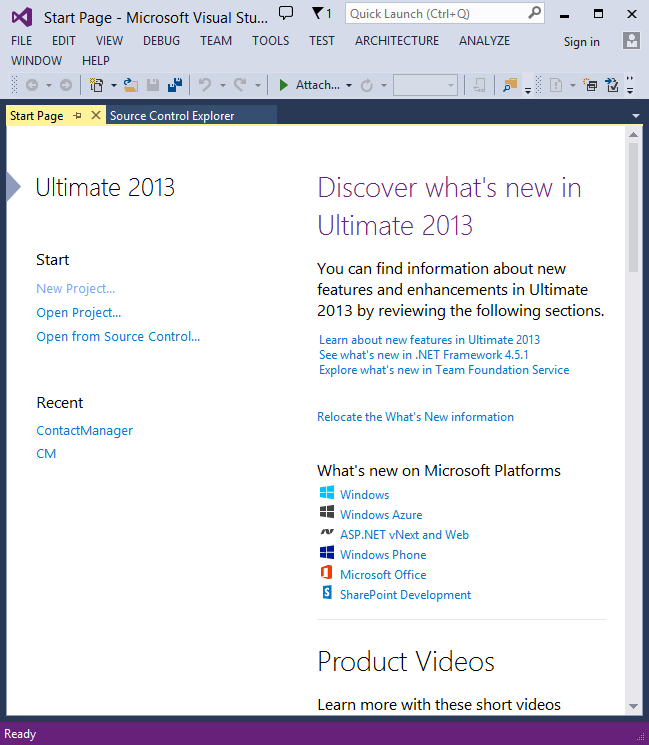 Снимок экрана: начальная страница Visual Studio.