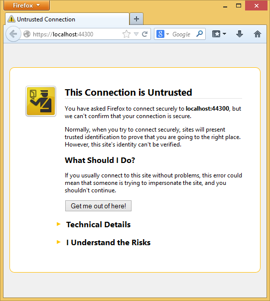 Снимок экрана: приложение My A S P dot NET, работающее в Firefox. Страница предупреждения о недоверенном подключении запрашивает у пользователя, следует ли принять приложение и продолжить.