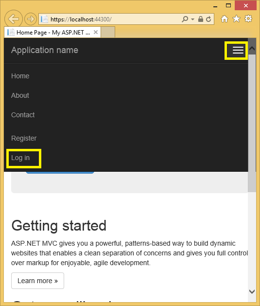 Снимок экрана, на котором показана домашняя страница My A S P.NET .NET. Выделены кнопка Навигация и ссылка Вход.