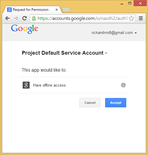 Снимок экрана: страница запроса разрешений для учетных записей Google с запросом на отмену или принятие автономного доступа к веб-приложению.