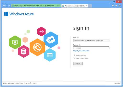 Снимок экрана: страница входа в Windows Azure.