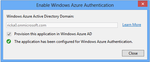 Снимок экрана: диалоговое окно Включение проверки подлинности Windows Azure.