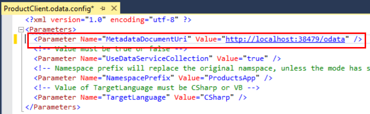 Снимок экрана: файл конфигурации точки O Data клиента продукта с примером пользовательского идентификатора после вставки в элемент параметра.