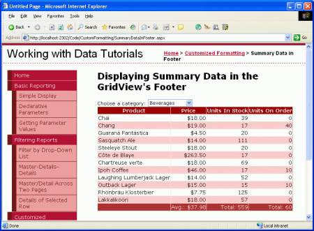 Снимок экрана: сводные данные в строке нижнего колонтитула GridView, отформатированные в виде валюты.