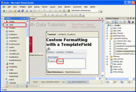 Добавление веб-элемента управления label в itemTemplate объекта FirstName TemplateField