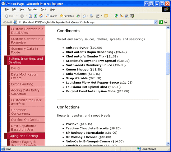 Внешний ретранслятор Списки каждой категории; внутренний Списки продукты для этой категории