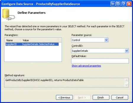 Использование свойства SuppliersDetails DetailsView s SelectedValue в качестве источника параметра