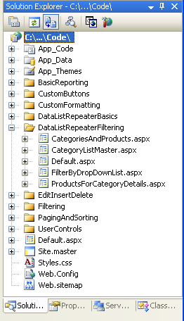 Создание папки DataListRepeaterFiltering и добавление страниц руководства ASP.NET