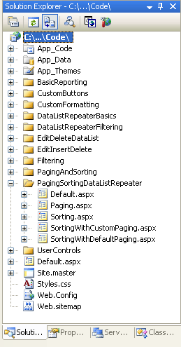 Создание папки PagingSortingDataListRepeater и добавление страниц руководства ASP.NET