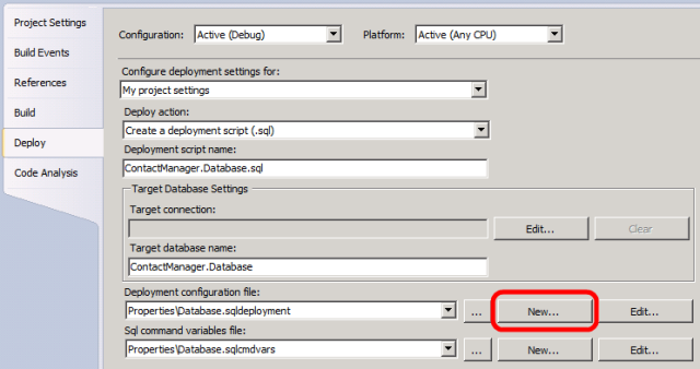 На странице свойств проекта базы данных на вкладке Развертывание в строке Файл конфигурации развертывания нажмите кнопку Создать.